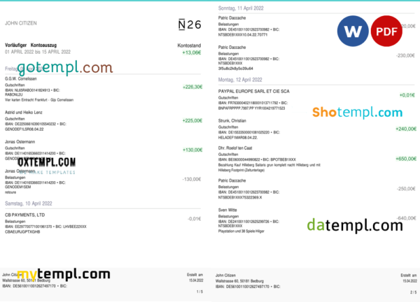 editable template, Germany N26 bank statement, Word and PDF template, 5 pages (in German language)