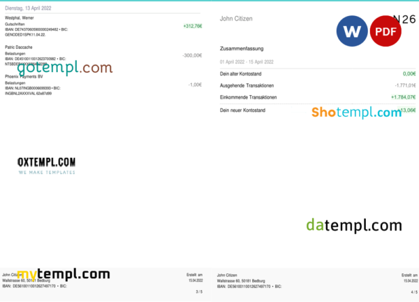 editable template, Germany N26 bank statement, Word and PDF template, 5 pages (in German language) - Image 2