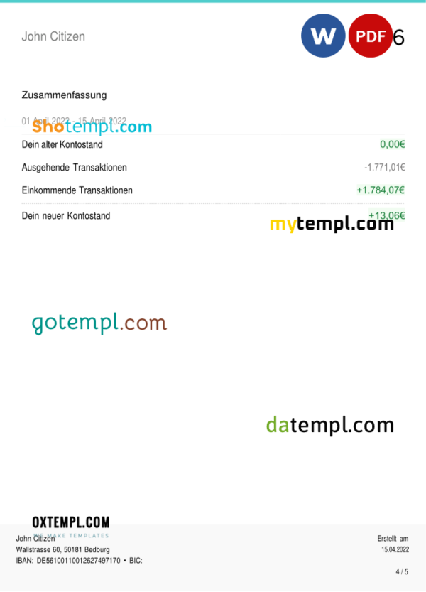 editable template, Germany N26 bank statement, Word and PDF template, 5 pages (in German language) - Image 3