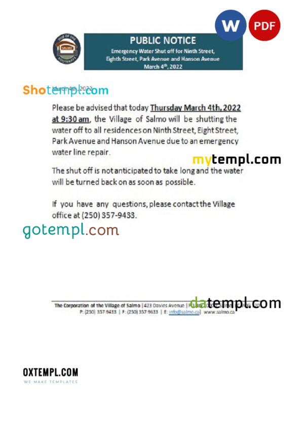 editable template, Canada British Columbia Hub of the Salmo Kootenays utility shut off notice, Word and PDF template