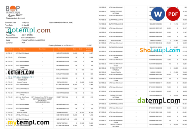 editable template, India The Bank of Punjab (BOP) account statement Word and PDF template, 3 pages