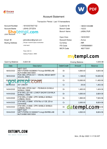 editable template, India Fincare bank account statement, Word and PDF template