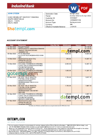editable template, India IndusInd bank statement, Word and PDF template