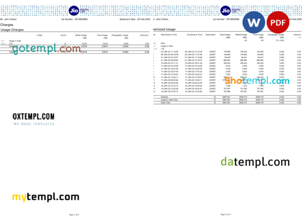 editable template, India Jio Digital Life bank statement, Word and PDF template, 4 pages - Image 2