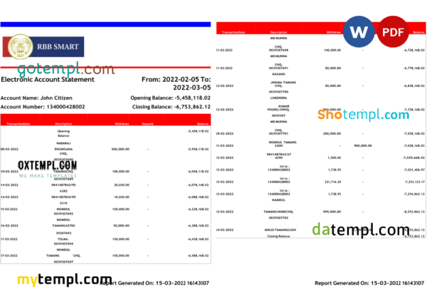 editable template, India RBB Smart bank statement, Word and PDF template, 2 pages