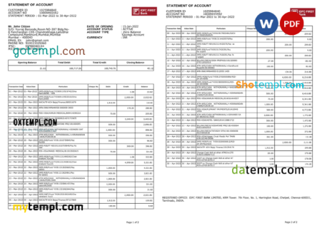 editable template, India IDFC First bank statement Word and PDF template, 2 pages