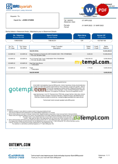editable template, Indonesia BRIsyariah bank e-Statement, Word and PDF template