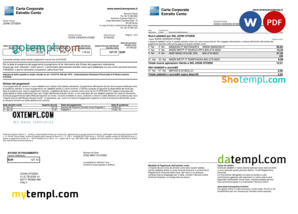 editable template, Italy American Express Amex bank card statement Word and PDF template, 3 pages