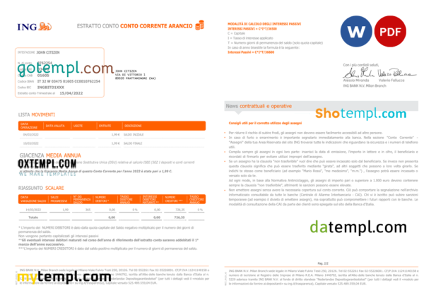 editable template, Italy ING bank statement Word and PDF template, 2 pages