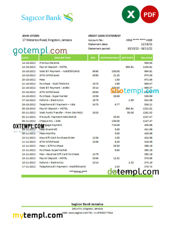 editable template, Jamaica Sagicor bank statement Excel and PDF template