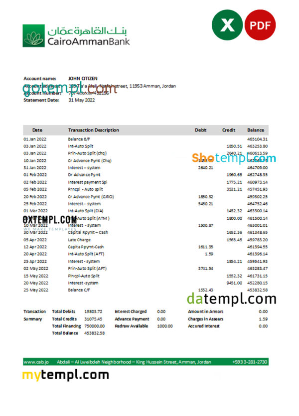 editable template, Jordan Cairo Amman bank statement Excel and PDF template