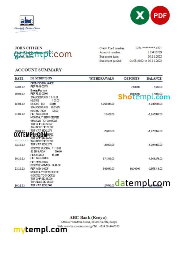 editable template, Kenya ABC bank statement Excel and PDF template