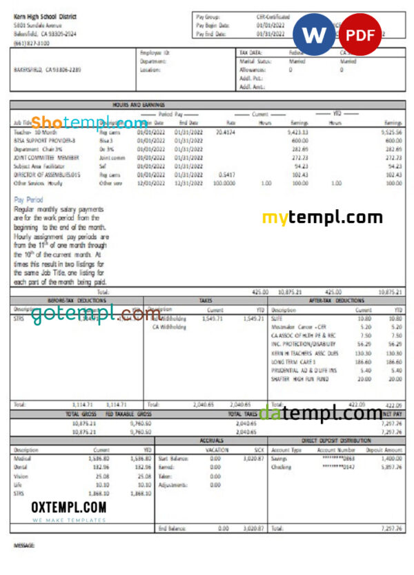 editable template, USA California Kern highschool District earnings statement Word and PDF template