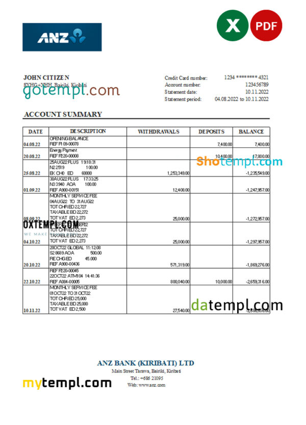 editable template, Kiribati ANZ bank statement Excel and PDF template