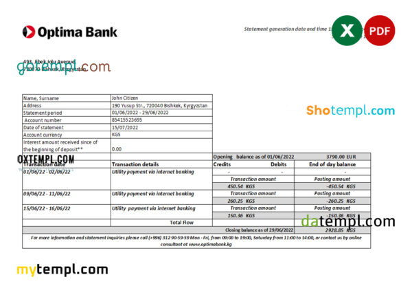editable template, Kyrgyzstan Optima bank statement Excel and PDF template