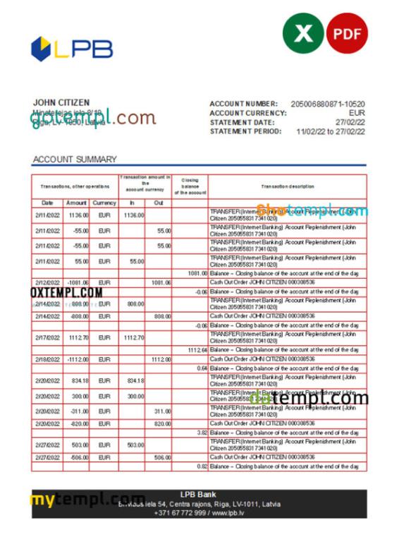 editable template, Latvia LPB bank statement Excel and PDF template