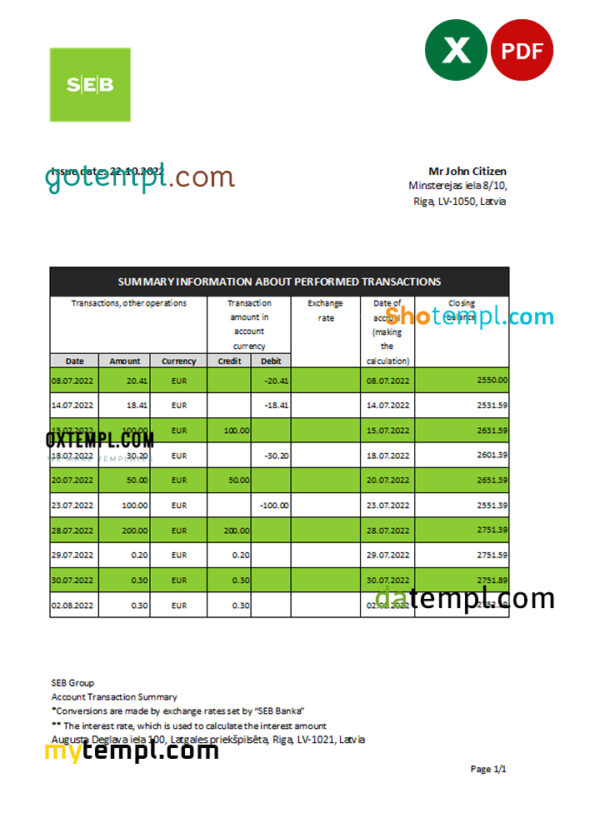 editable template, Latvia SEB bank statement Excel and PDF template