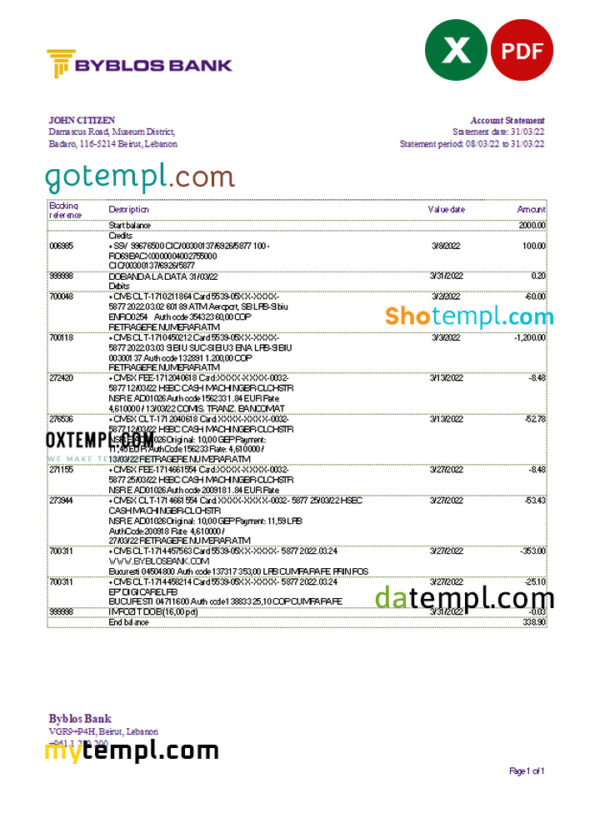 editable template, Lebanon Byblos bank statement Excel and PDF template