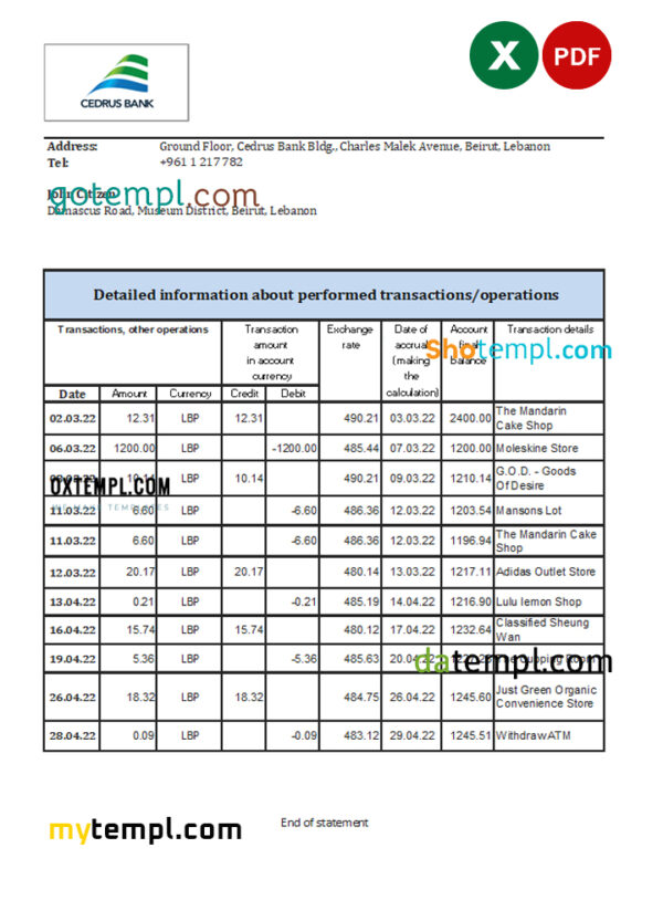editable template, Lebanon Cedrus bank statement Excel and PDF template