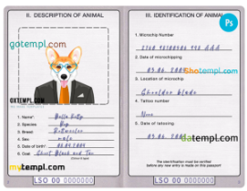 FREE editable template, Lesotho dog (animal, pet) passport PSD template, completely editable