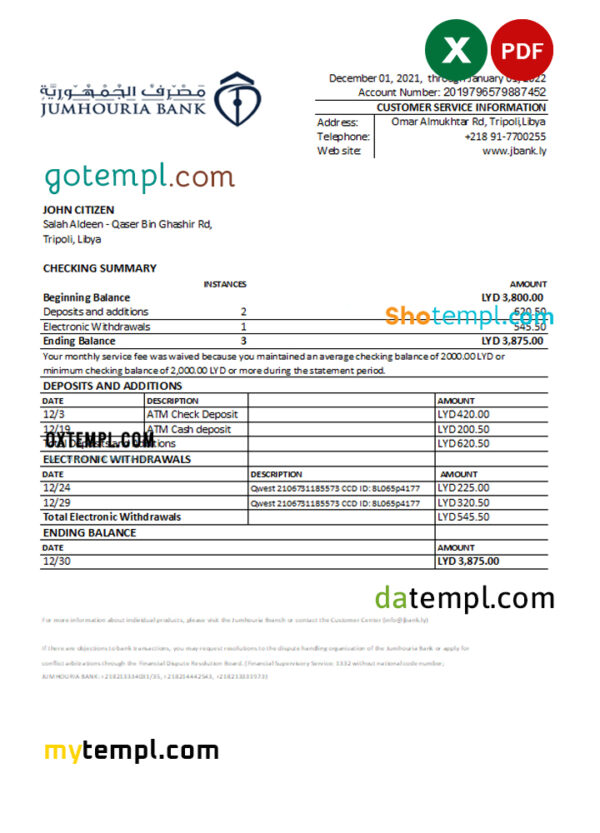 Libya Jumhouria bank statement Excel and PDF template