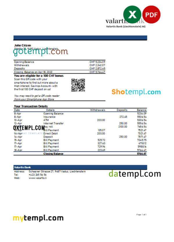 editable template, Liechtenstein Valartis bank statement Excel and PDF template