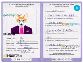 FREE editable template, Luxembourg dog (animal, pet) passport PSD template, fully editable