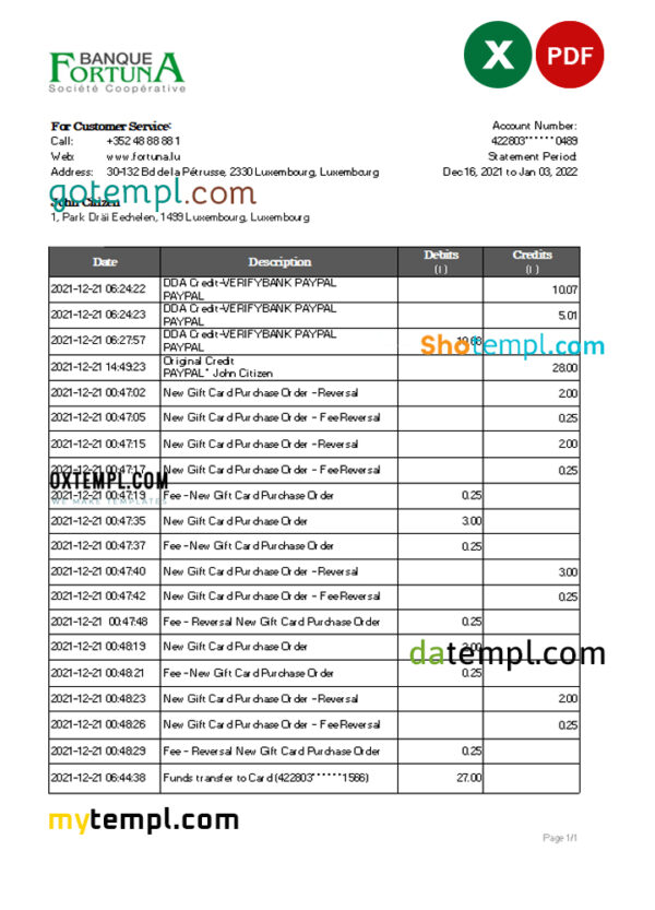 editable template, Luxembourg Fortuna Banque bank statement Excel and PDF template