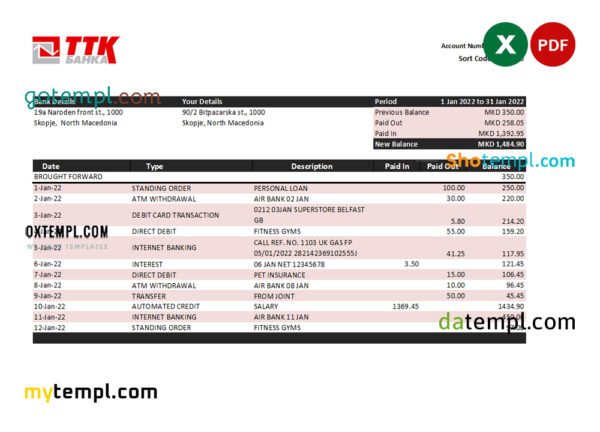 editable template, Macedonia TTK bank statement Excel and PDF template