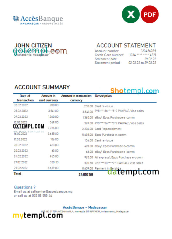 editable template, Madagascar Acces Banque statement Excel and PDF template