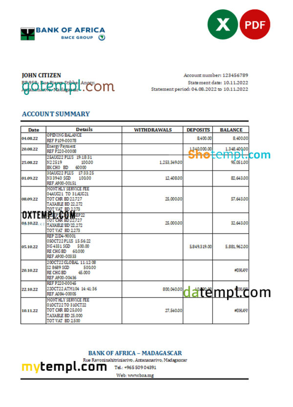 editable template, Madagascar Bank of Africa bank statement Excel and PDF template