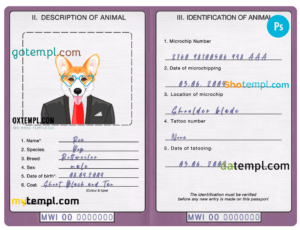 Malawi dog (animal, pet) passport PSD template, completely editable