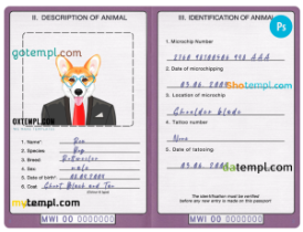 FREE editable template, Malawi dog (animal, pet) passport PSD template, completely editable