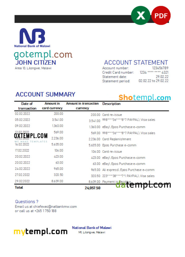 editable template, Malawi National Bank of Malawi bank statement Excel and PDF template