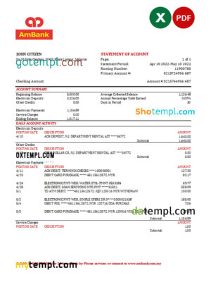 Malaysia AmBank bank statement Excel and PDF template