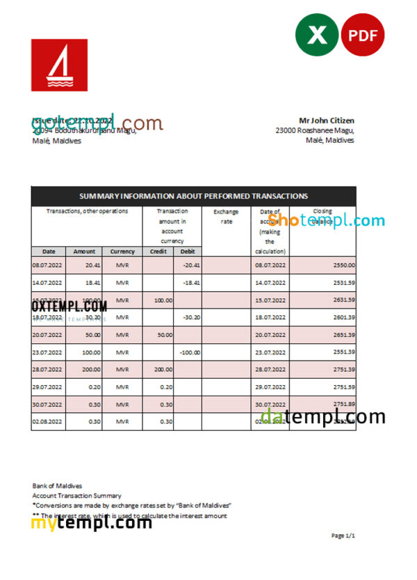 editable template, Maldives Bank of Maldives bank statement Excel and PDF template