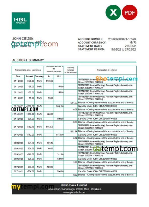 editable template, Maldives HBL bank statement Excel and PDF template