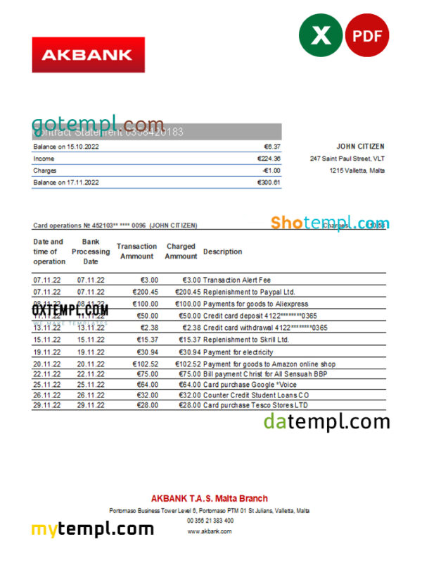 editable template, Malta Akbank bank statement Excel and PDF template