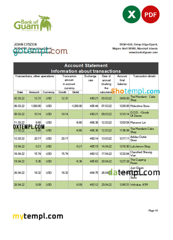 editable template, Marshall Islands Bank of Guam bank statement Excel and PDF template