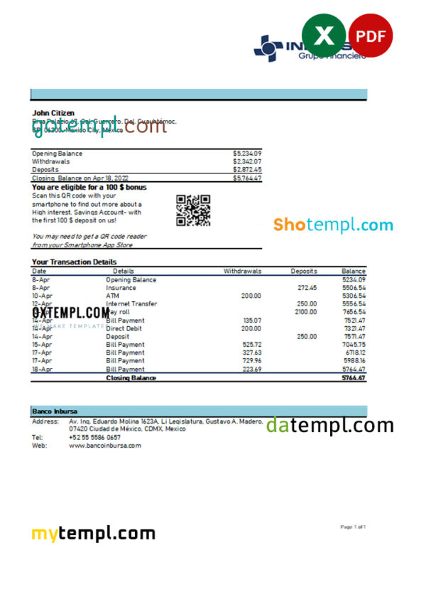 editable template, Mexico Inbursa bank statement Excel and PDF template, version 2