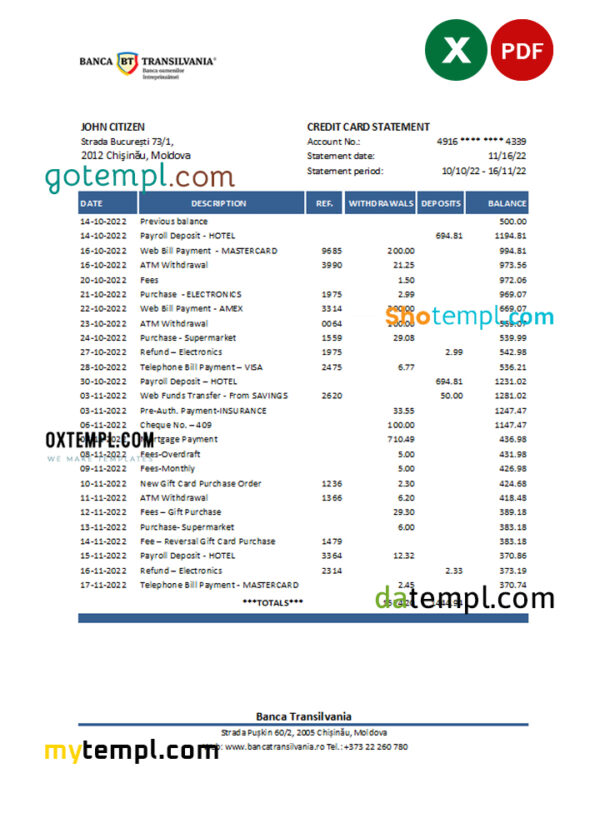 editable template, Moldova Banca Transilvania bank statement Excel and PDF template