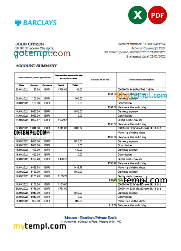 editable template, Monaco Barclays Private bank statement Excel and PDF template