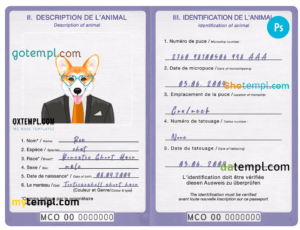Monaco dog (animal, pet) passport PSD template, fully editable