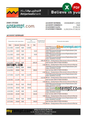 Morocco Attijariwafa bank statement Excel and PDF template