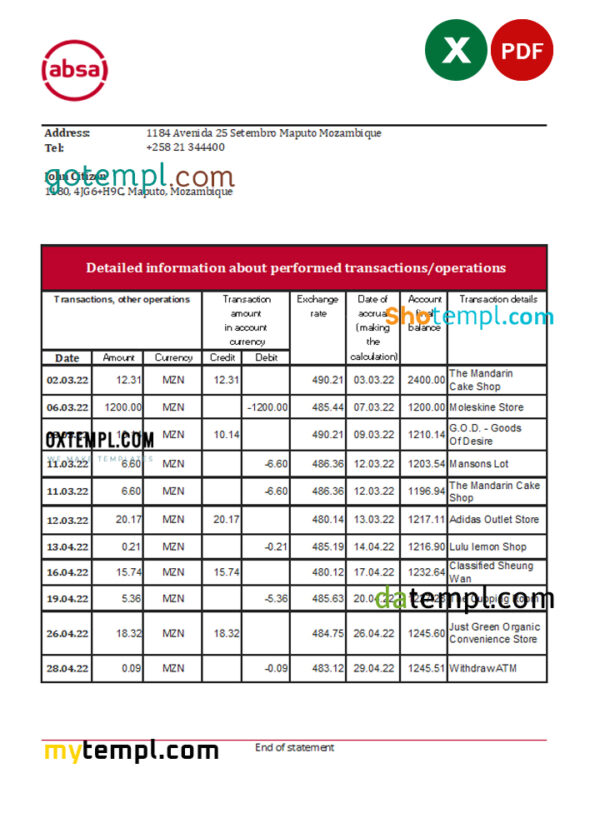 editable template, Mozambique ABSA bank statement Excel and PDF template