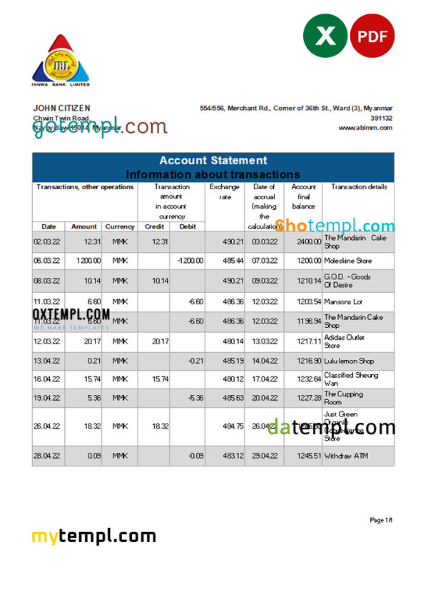 editable template, Myanmar Innwa Bank Limited bank statement Excel and PDF template
