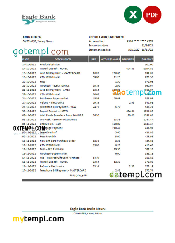 editable template, Nauru Eagle bank statement Excel and PDF template