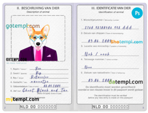 Netherlands dog (animal, pet) passport PSD template, fully editable