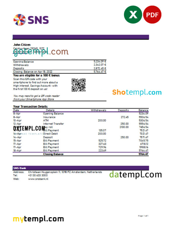 editable template, Netherlands SNS bank statement Excel and PDF template