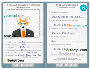 New Zealand dog (animal, pet) passport PSD template, fully editable